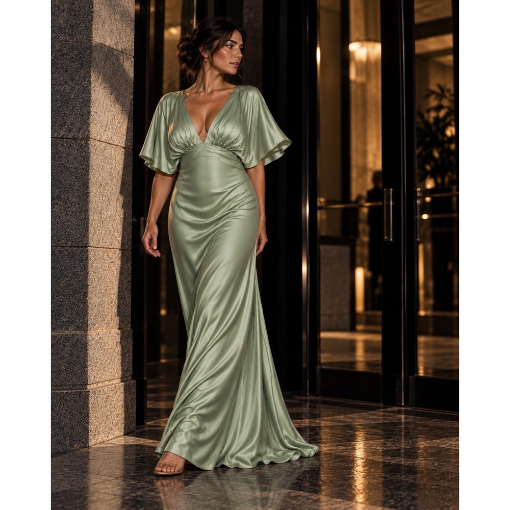 NWT BHLDN Anthropologie Leila Deep V Flutter Sleeve Satin Gown Moss Sage 2X